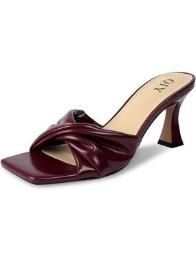 Womens Burgundy Summer Stylish Open Square Toe Casual Slip-On Kitten Heel Sandal